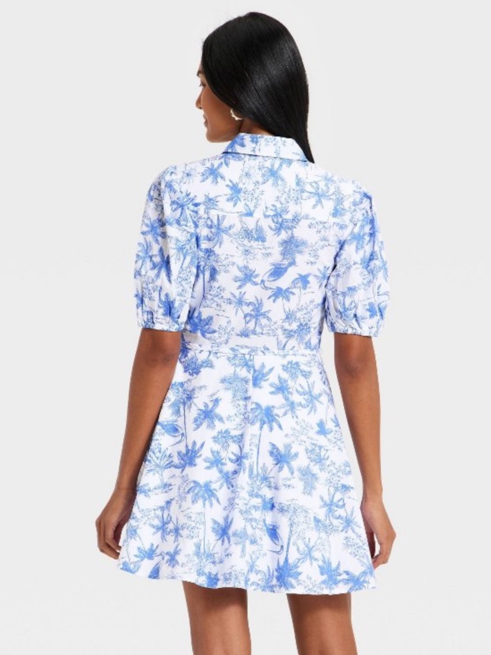 a new day Blue & White Toile Printed Balloon Short Sleeve Mini Shirtdress NWT L - Picture 2 of 7